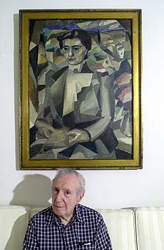 Jacques Barzun sitting in front of Gleizes portrait of Madame H. M. Barzun